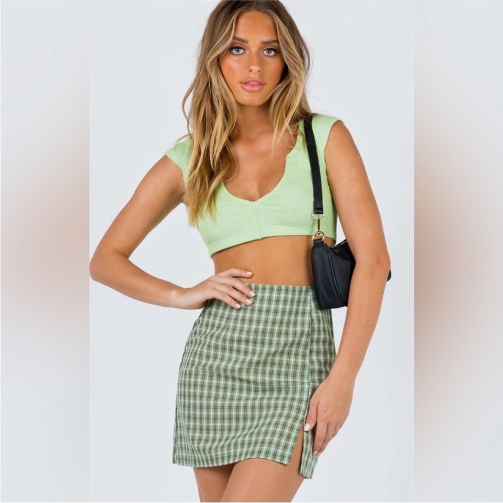 Princess Polly Women’s Green Plaid Checkered Gingham Slit Skirt size 2